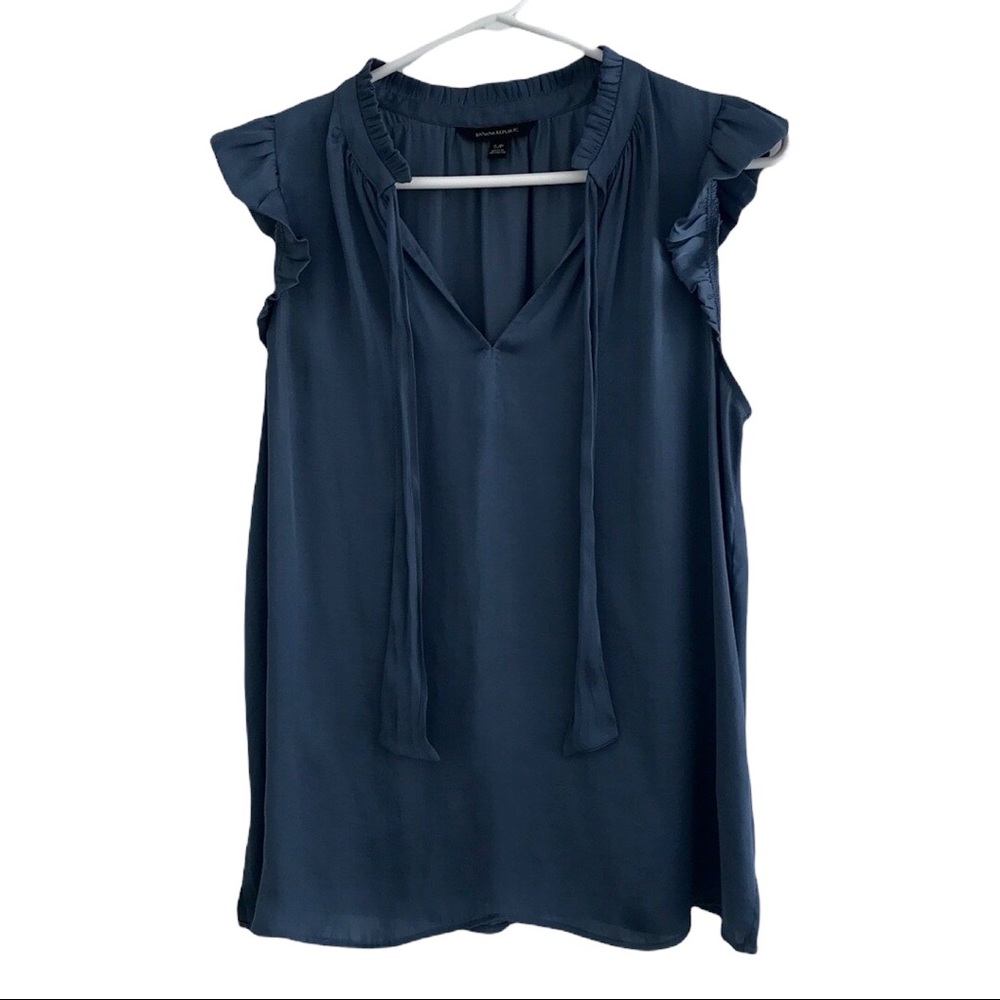 Banana Republic | Women’s sleeveless ruffle tie neck top, S, ocean beach blue